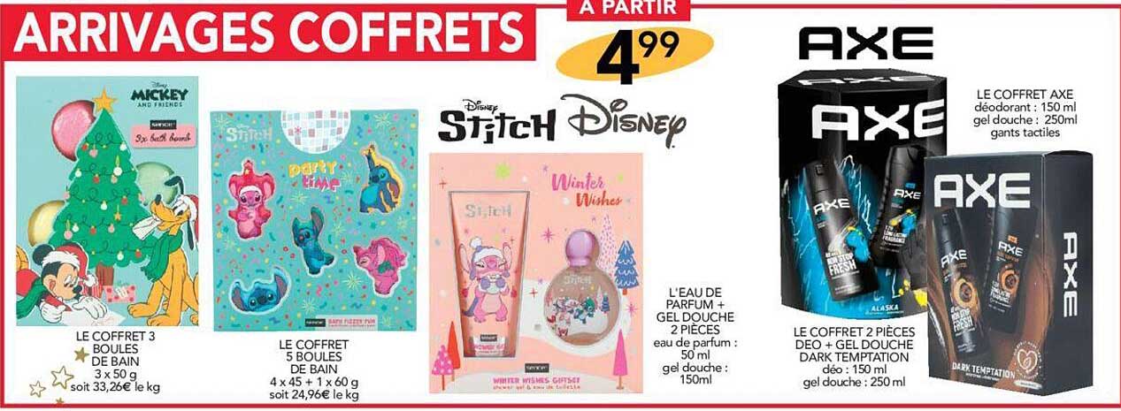 le coffret 3 boules de bain, le coffret 5 boules de bain, l'eau de parfum + gel douche 2 pièces, le coffret 2 pièces déo + gel douche dark temptation, le coffret axe