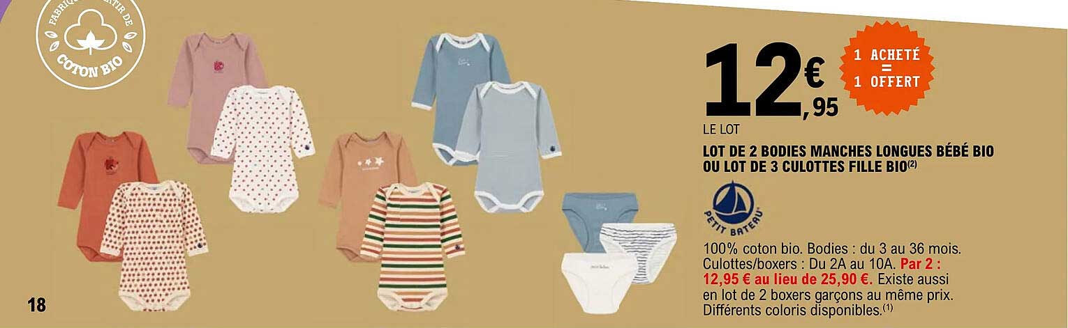 lot de 2 bodies manches longues bébé ou lot de 3 culottes fille bio