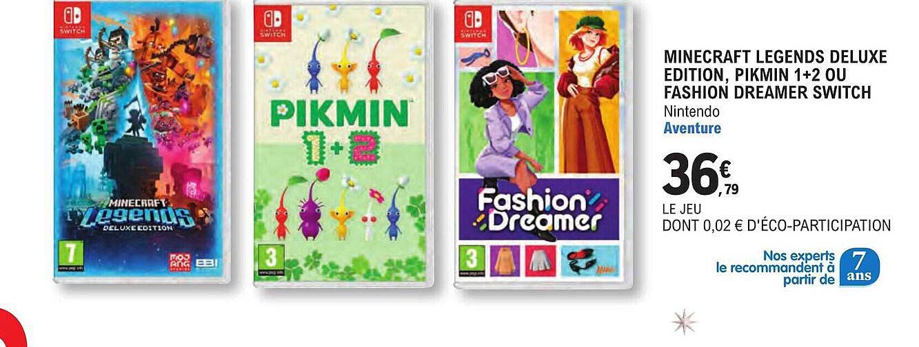 minecraft legends deluxe édition, pikmin 1+2 ou fashion dreamer switch