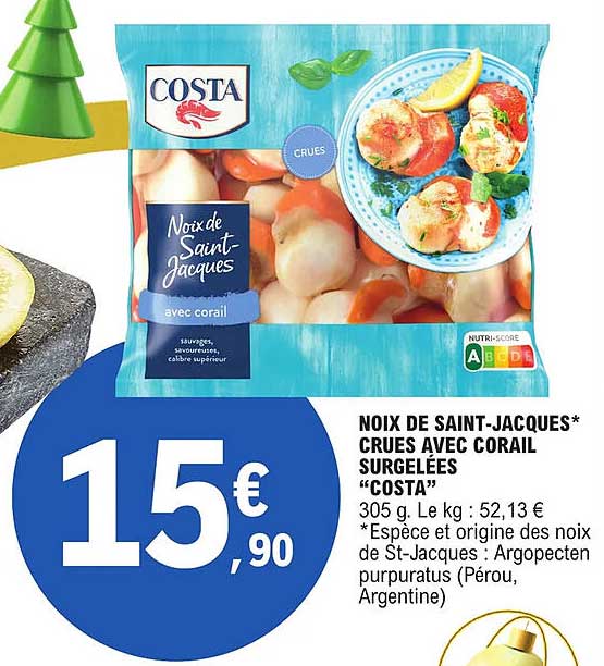 noix de saint-jacques crues avec corail surgelées "costa"
