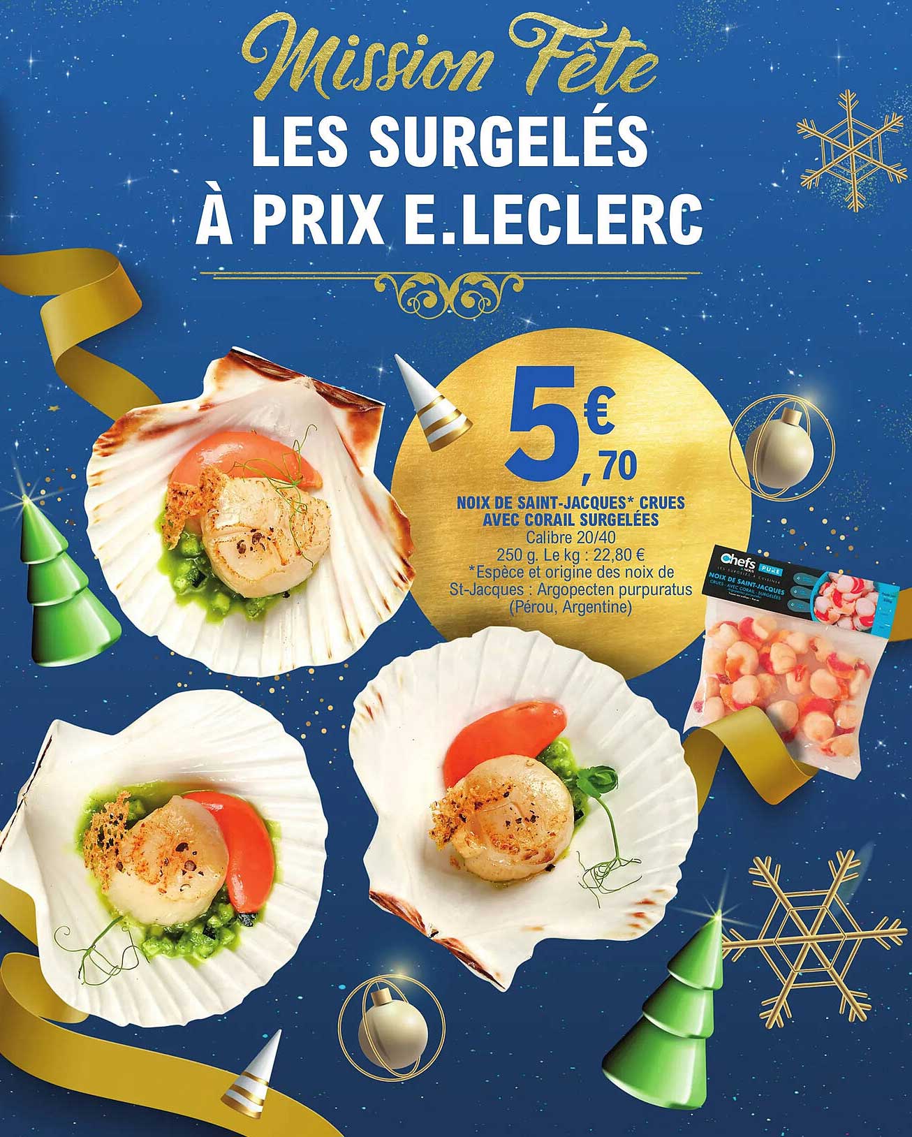 noix de saint-jacques crues avec corail surgelées