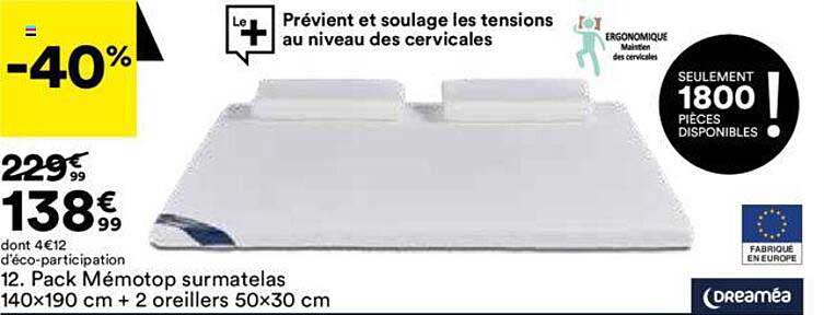 Pack Mémotop Surmatelas 140 X 190 Cm + 2 Oreillers 50 X 30 Cm Dreaméa