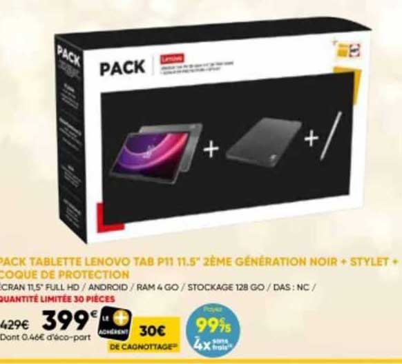pack tablette lenovo tab p11 11.5" 2ème génération noir + stylet + coque de protection