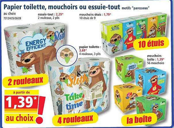 papier toilette, mouchoirs ou essuie-tout