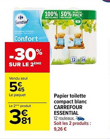 Papier Toilette Compact Blanc Carrefour Essential
