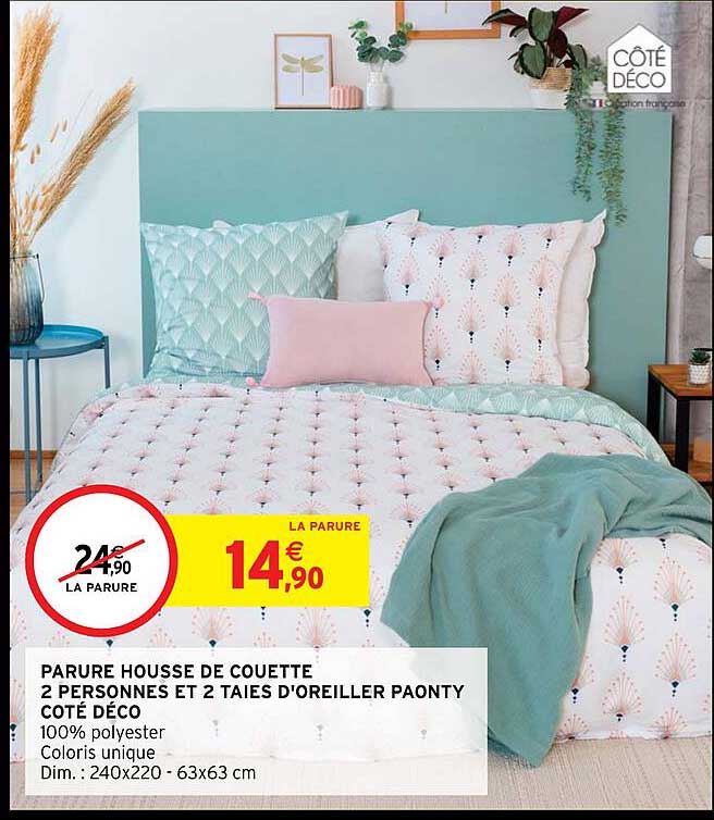 parure housse de couette 2 personnes et 2 taies d'oreiller paonty coté déco