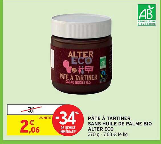 pâte à tartiner sans huile de palme bio alter eco