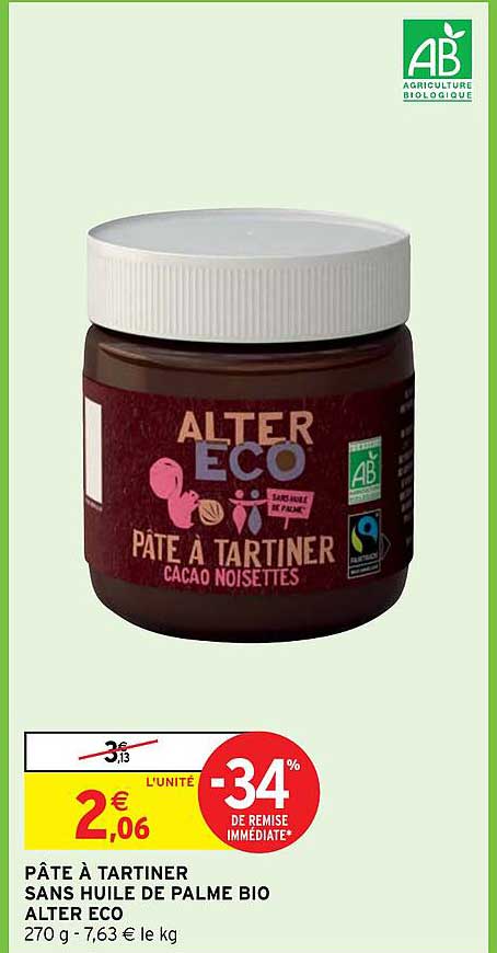 pâte à tartiner sans huile de palme bio alter eco