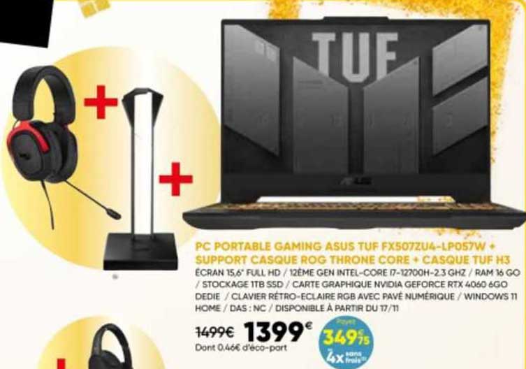 pc portable gaming asus tuf fx507zu4-lp057w + support casque rog throne core + casque tuf h3