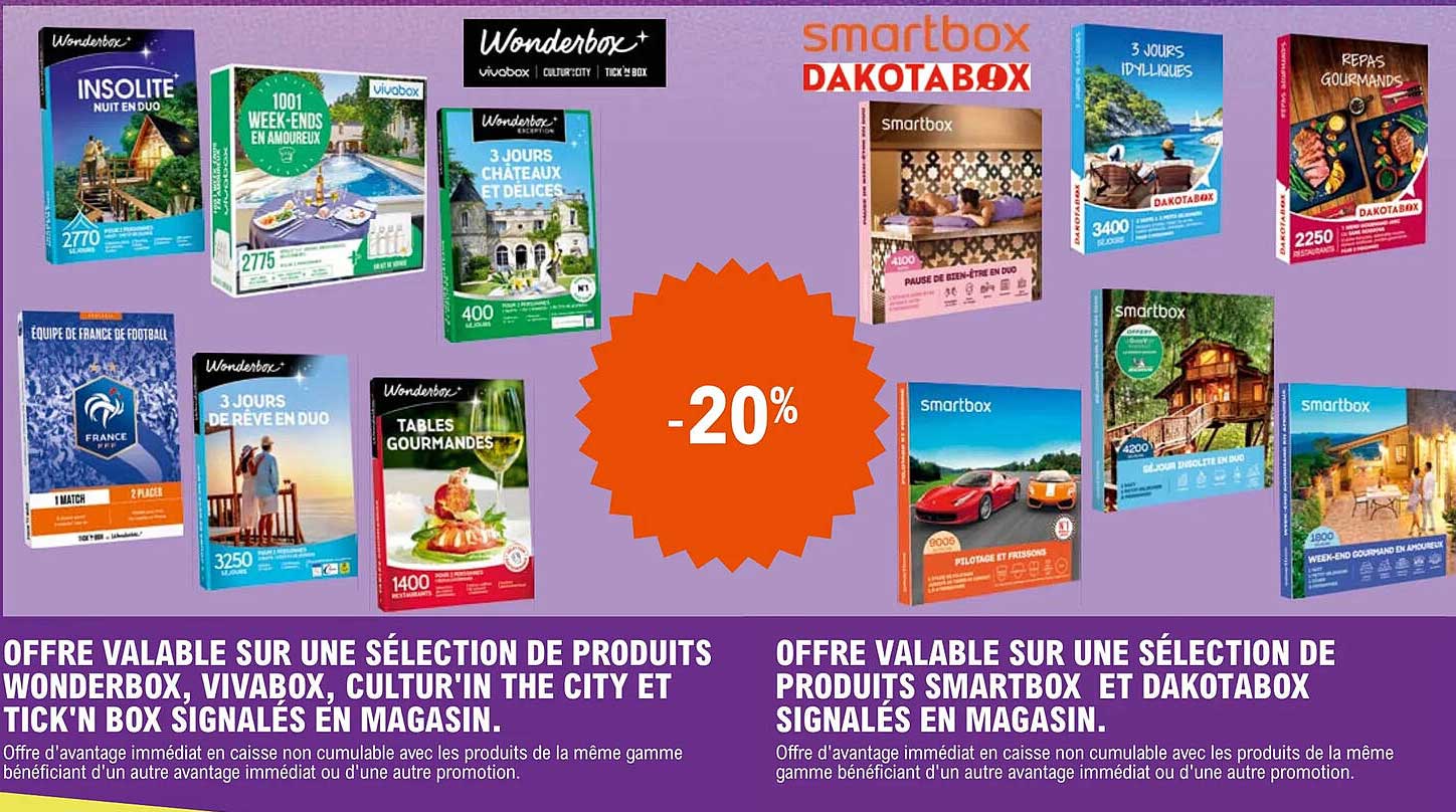 produits wonderbox, vivabox, cultur'in the city et tick'n box, produits smartbox et dakotabox