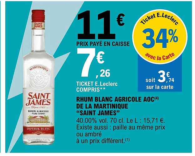 Rhum Blanc Agricole Aoc De La Martinique "saint James"