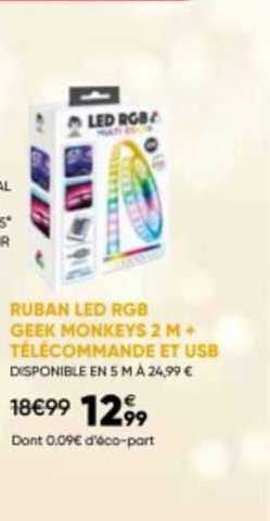 ruban led rgb geek monkeys 2m + télécommande et usb