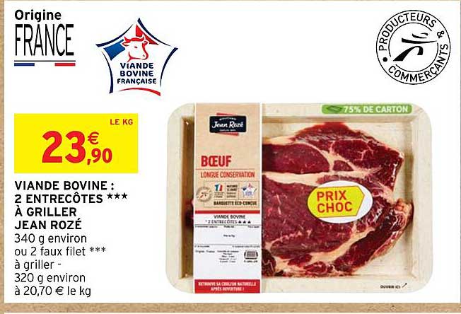viande bovine : 2 entrecôtes *** à griller jean rozé