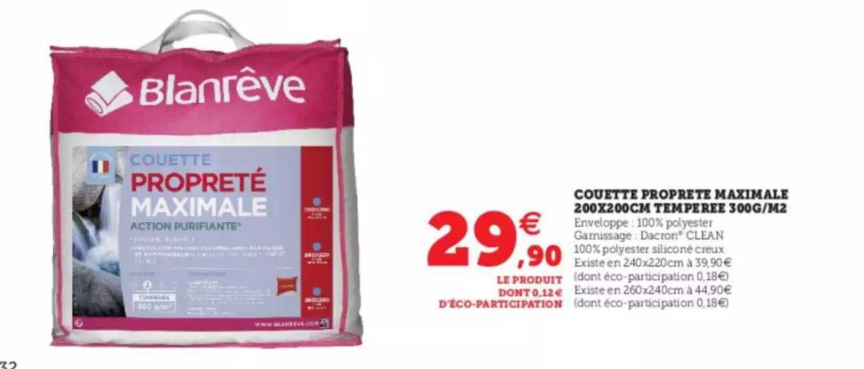 couette propreté maximale 200 x 200 cm tempérée 300g-m²