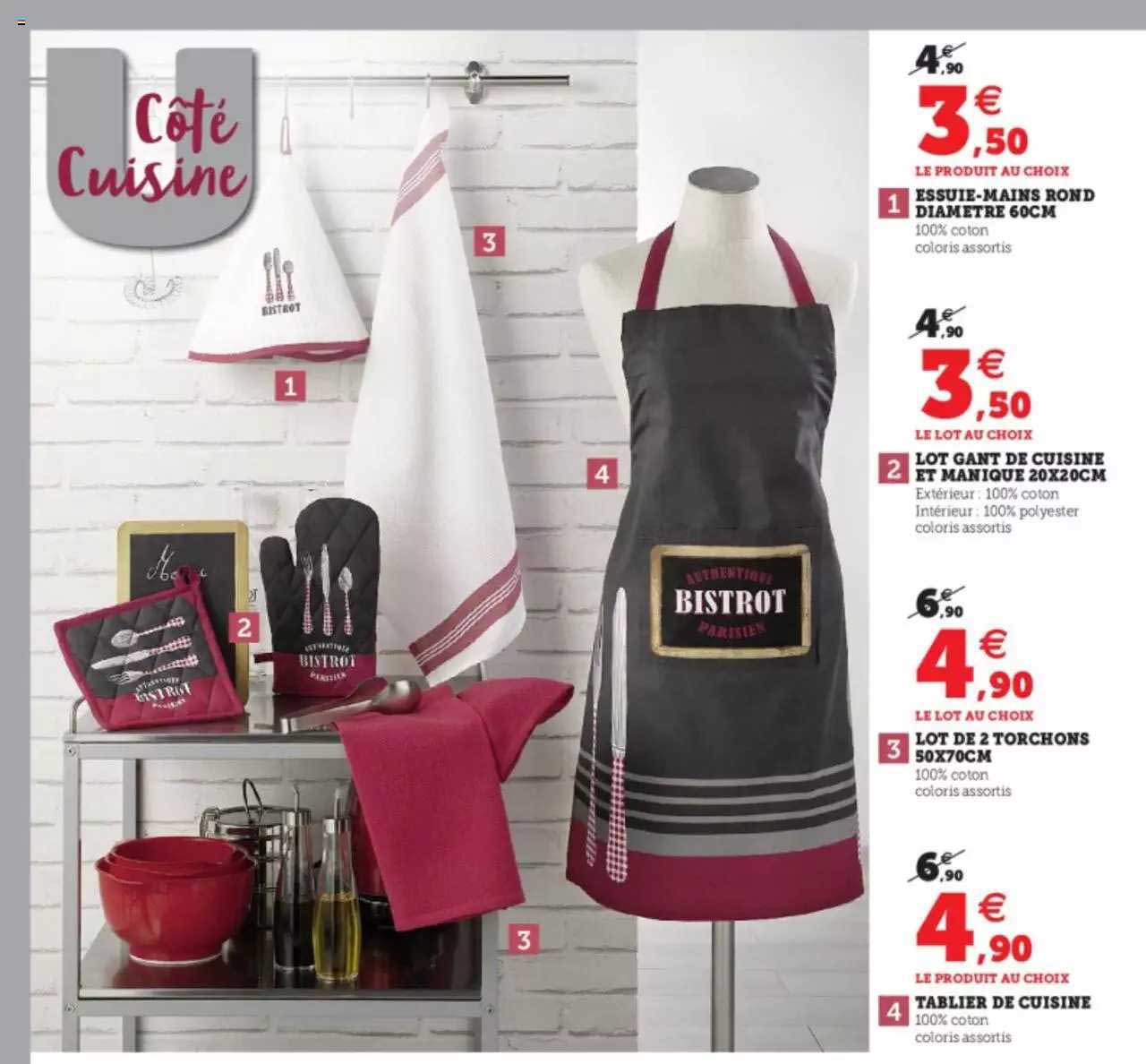 essuie-mains rond diamètre 60 cm, lot gant de cuisine et manique 20 x 20 cm, lot de 2 torchons 50 x 70 cm, tablier de cuisine