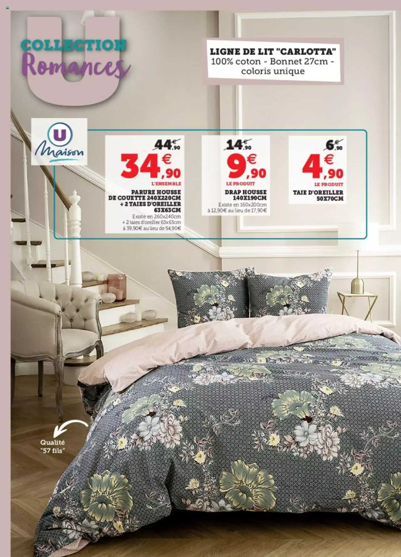 ligne de lit "carlotta" : parure housse de couette + 2 taies d'oreiller, drap housse, taie d'oreiller