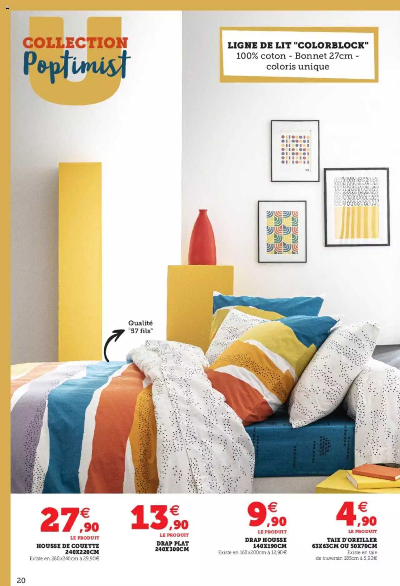 ligne de lit "colorblock" : housse de couette 240 x 220 cm, drap plat 240 x 300 cm, drap housse 140 x 190 cm, taie d'oreiller 60 x 60 cm ou 50 x 70 cm