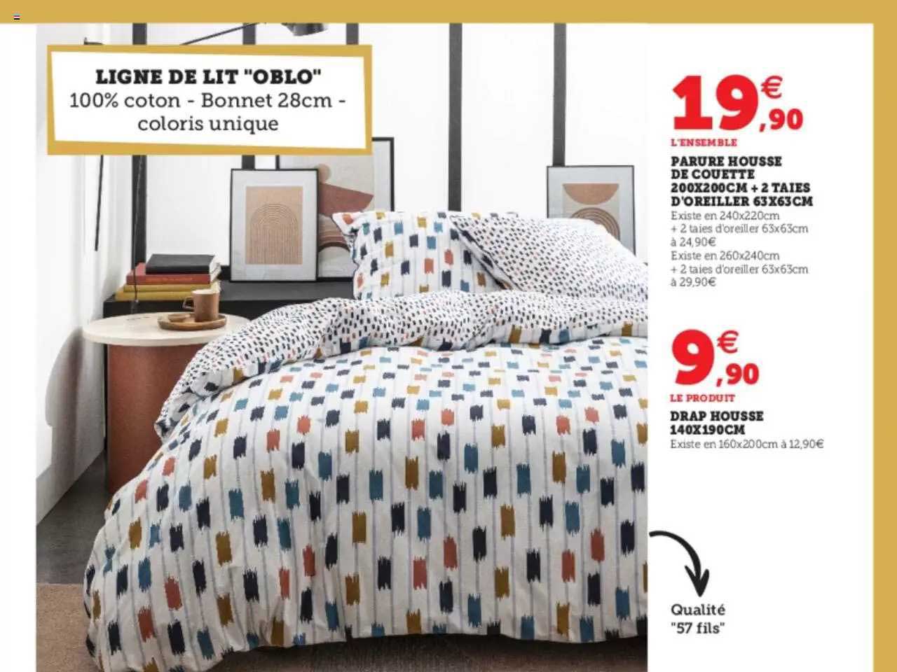 ligne de lit "oblo" : parure housse de couette 200 x 200 cm + 2 taies d'oreiller 63 x 63 cm, drap housse 140 x 190 cm