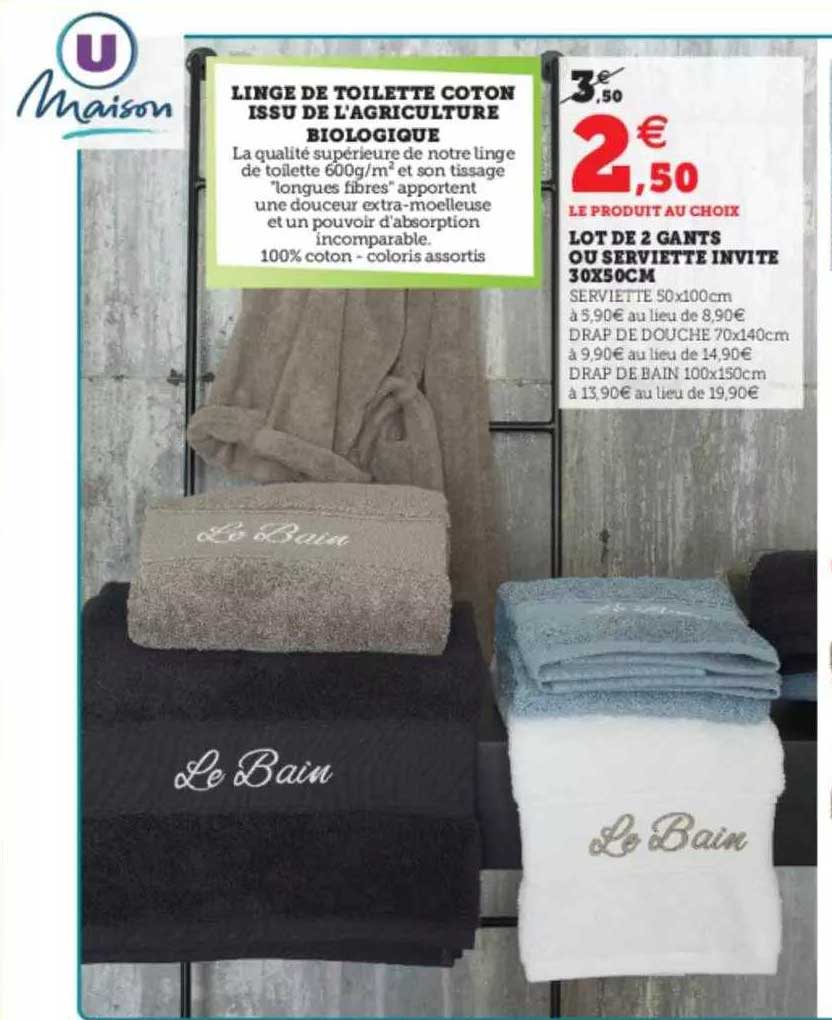 linge de toilette coton issu de l'agriculture biologique, lot de 2 gants ou serviette invité 30 x 50 cm