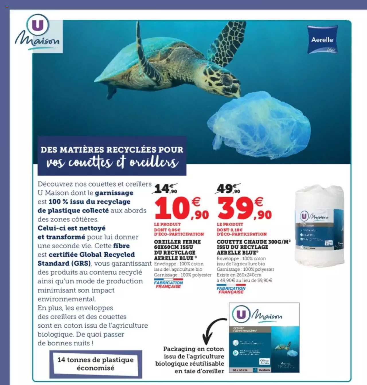 Oreiller Ferme 60 X 60 Cm Issu Du Recyclage Aerelle Blue, Couette Chaude 300g-m² Issu Du Recyclage Aerelle Blue