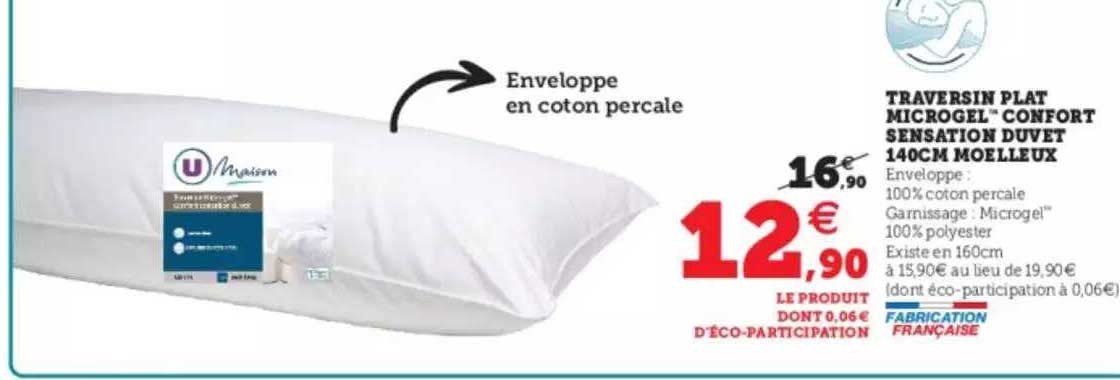 traversin plat microgel confort sensation duvet 140cm moelleux
