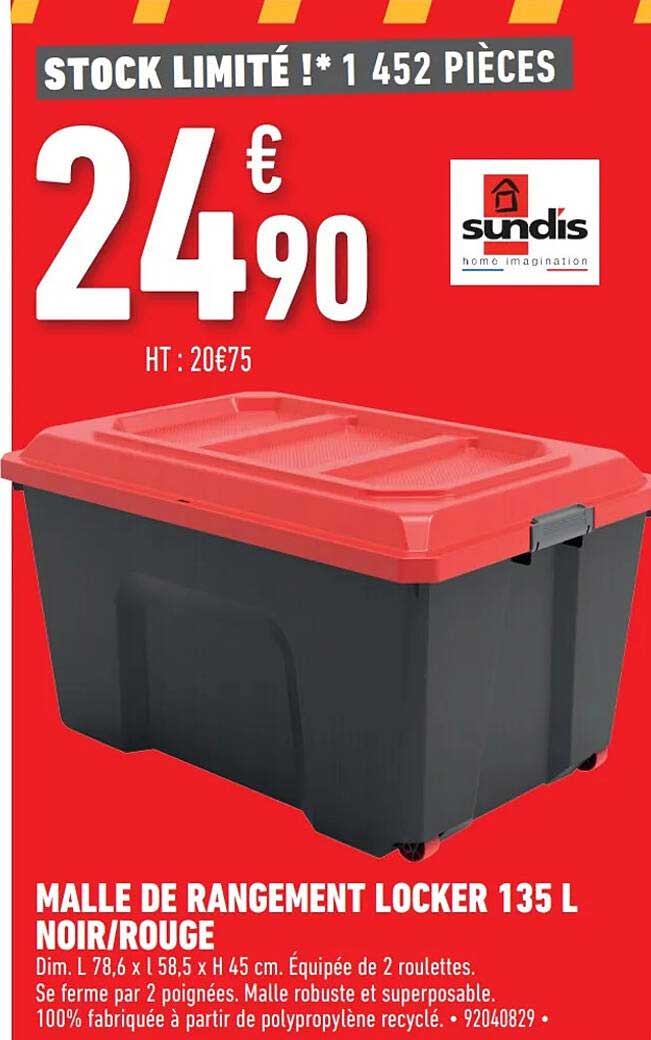 malle de rangement locker 135l noir-rouge sundis