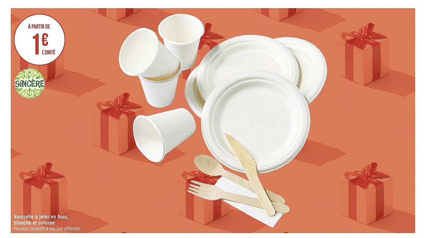 vaisselle à jeter en bois, blanche et colorée sincère
