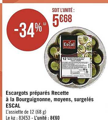 escargots préparés recette à la bourguignonne, moyens, surgelés escal