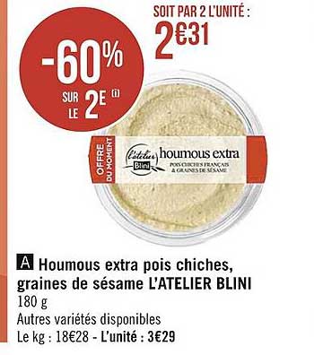 houmous extra pois chiches, graines de sésame l'atelier blini