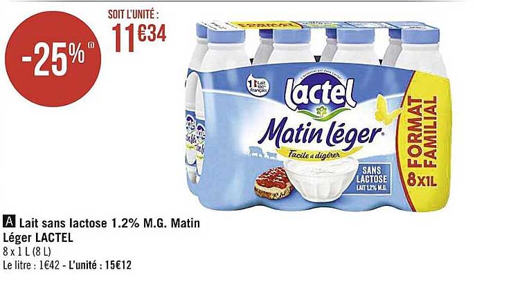 lait sans lactose 1.2% m.g. matin léger lacterl