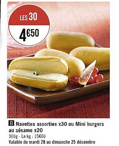 navettes assorties x30 ou mini burgers au sésame x20