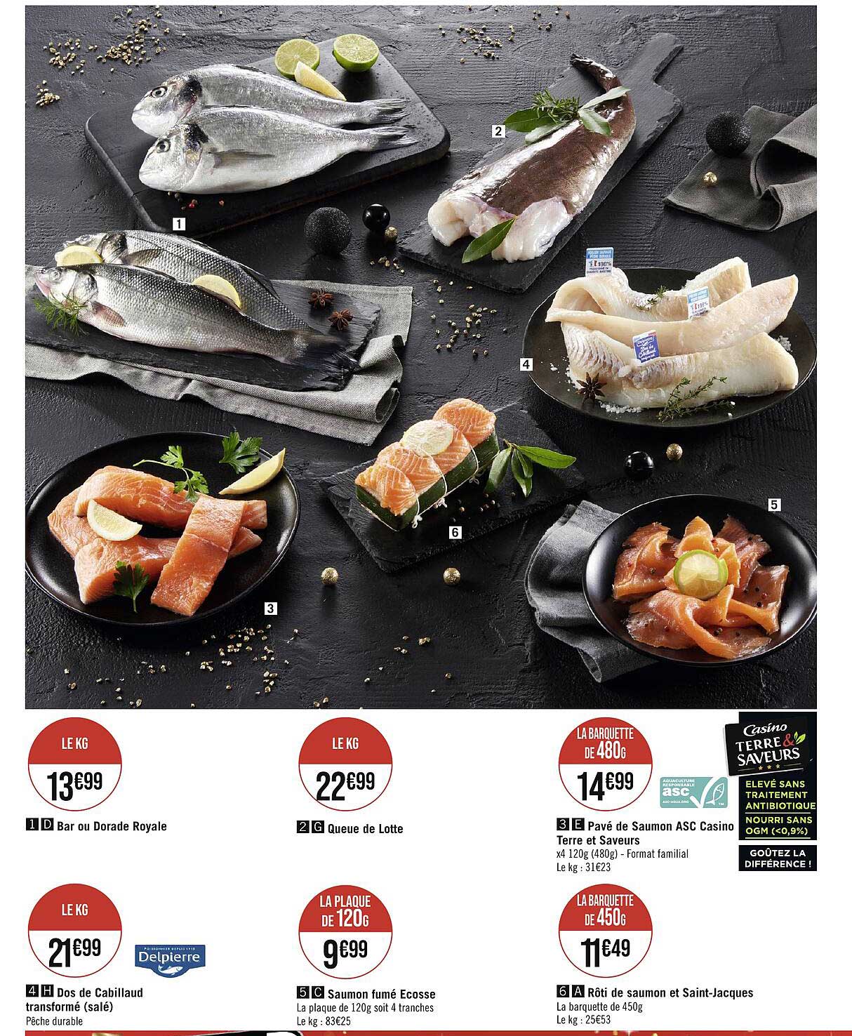 bar ou dorade royale, queue de lotte, pavé de saumon asc casino terre et saveurs, dos de cabillaud, saumon fumé écosse, rôti de saumon et saint-jacques