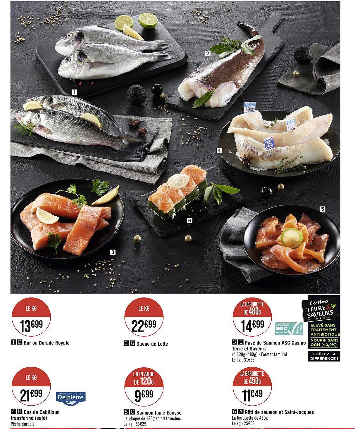 bar ou dorade royale, queue de lotte, pavé de saumon asc casino terre et saveurs, dos de cabillaud transformé (salé), saumon fumé écosse, rôti de saumon et saint-jacques