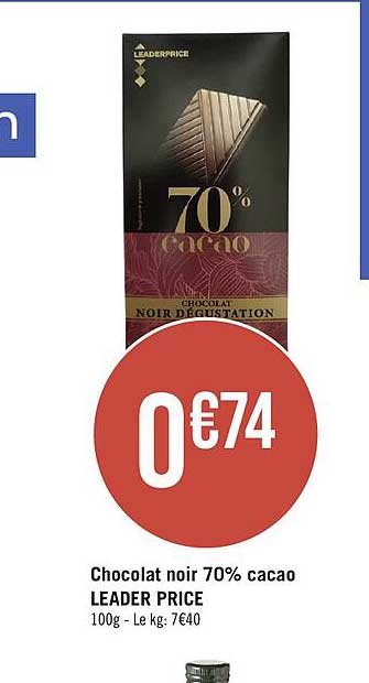 chocolat noir 70% cacao leader price
