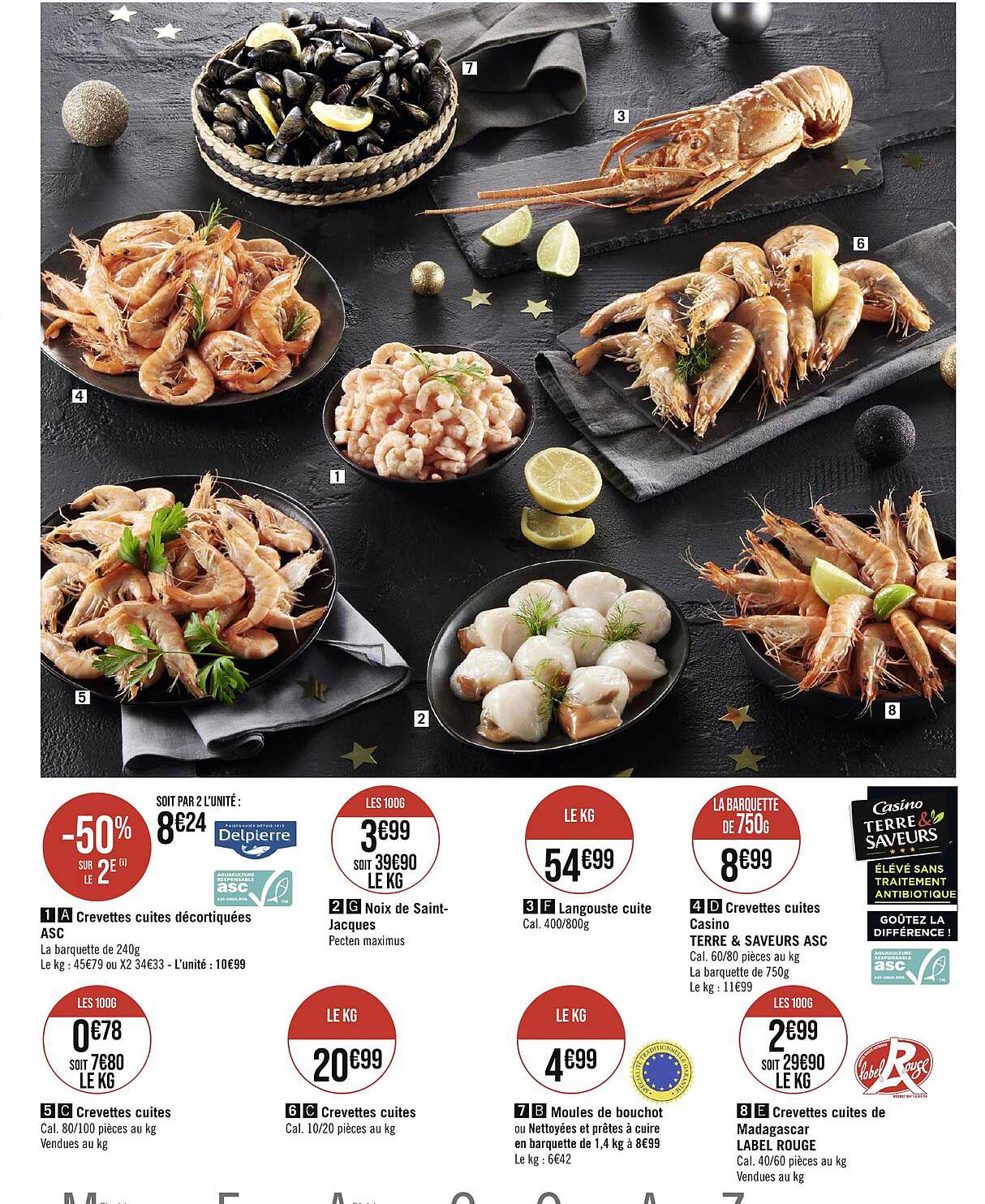 crevettes cuites décortiquées, noix de saint-jacques, crevettes cuites casino terre & saveurs asc, crevettes cuites, moules de bouchot ou nettoyées et prêtes à cuire, crevettes cuites de madagascar