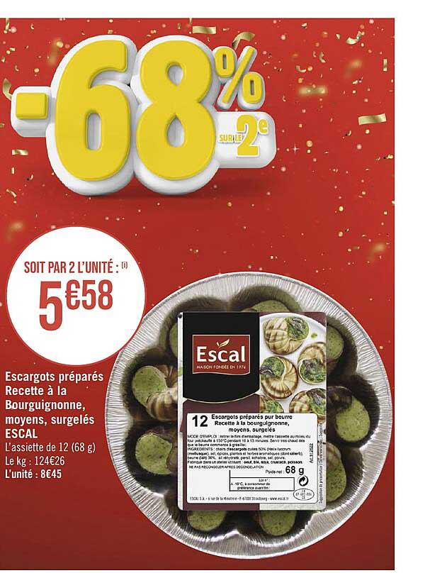 escargots préparés recette à la bourguignonne, moyens, surgelés escal