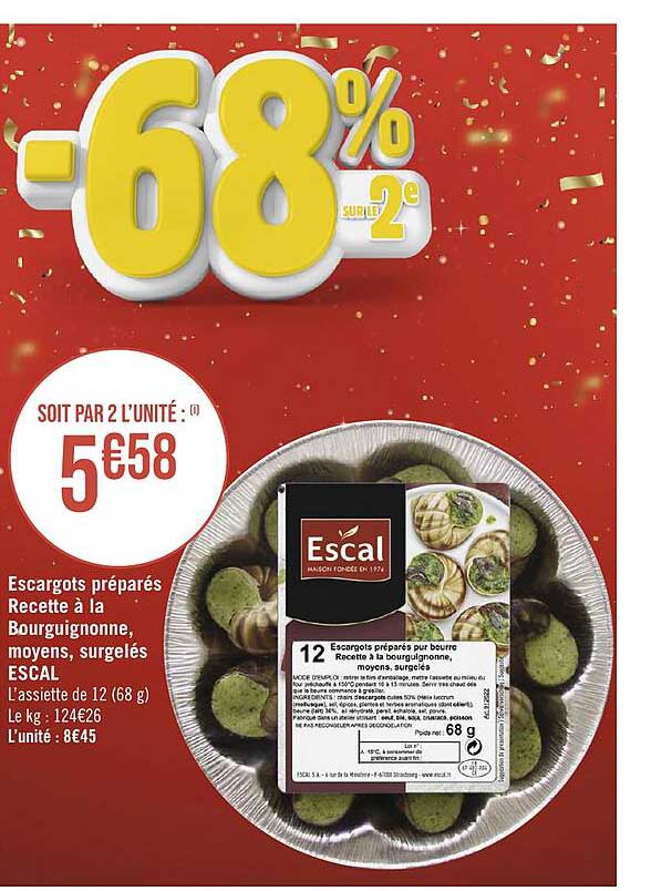 escargots préparés recette à la bourguignonne, moyens surgelés escal