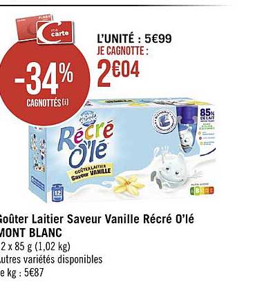 Goûter Laitier Saveur Vanille Récré O'lé Mont Blanc