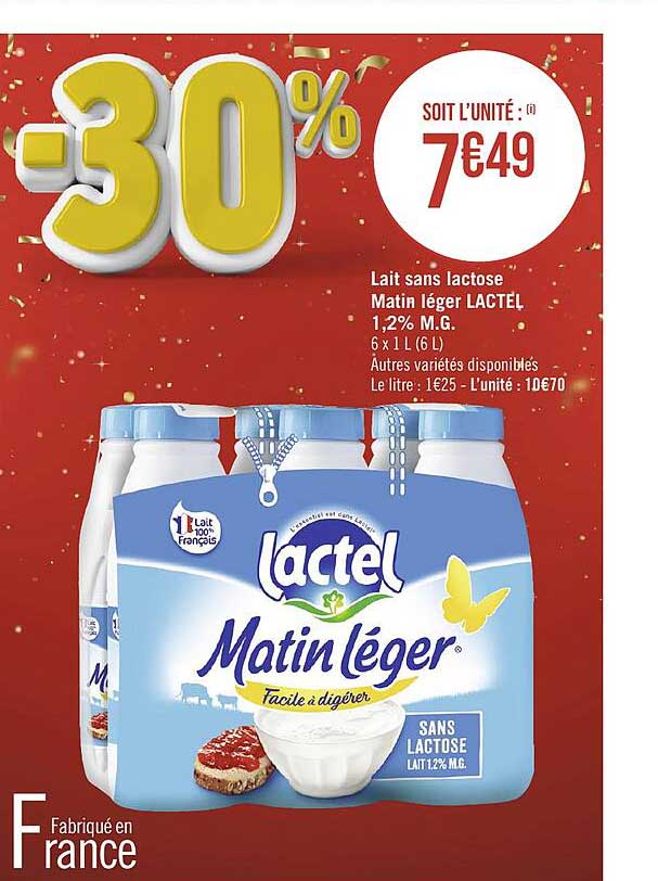 lait sans lactose matin léger lactel 1,2% m.g.