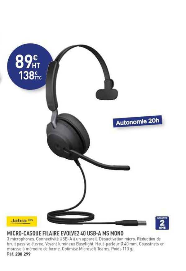 micro-casque filaire evolve2 40 usb-a ms mono jabra