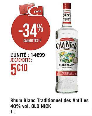 rhum blanc traditionnel des antilles 40% vol. old nick