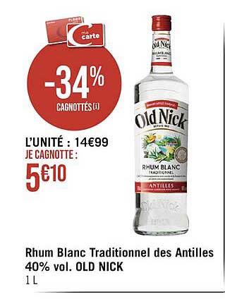 rhum blanc traditionnel des antilles 40% vol. old nick