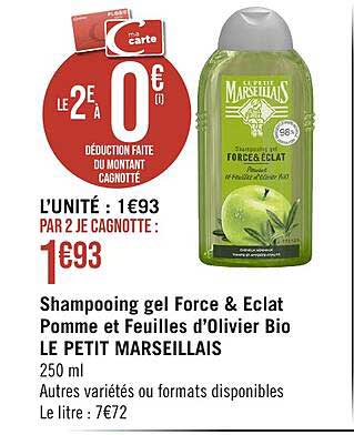shampooing gel force & éclat pomme et feuilles d'olivier bio le petit marseillais