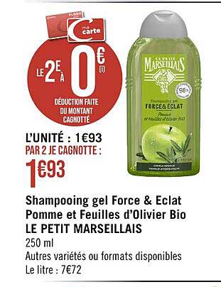 shampooing gel force & éclat pomme et feuilles d'olivier bio le petit marseillais