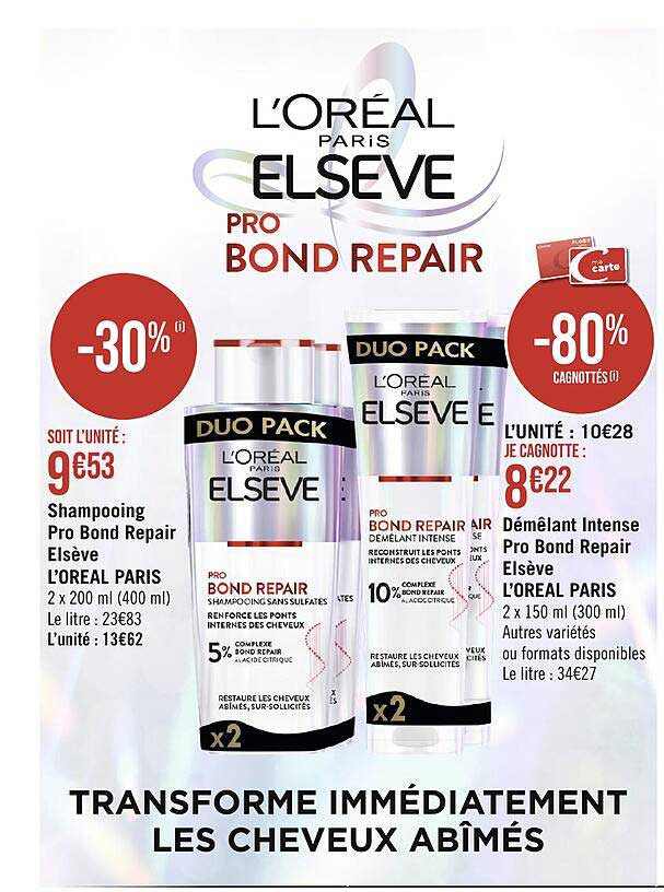 shampooing pro bond repair elsève l'oréal paris, démêlant intense pro bond repair elsève paris