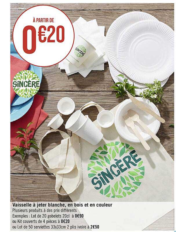 vaisselle à jeter blanche, en bois et en couleur sincère
