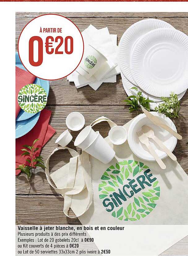 vaisselle à jeter blanche, en bois et en couleur sincère