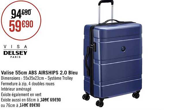 valise 55 cm abs airships 2.0 bleu visa delsey paris