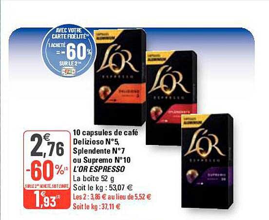 10 capsules de café delizioso n°5 splendente n° 7 ou supremo n°10 l'or espresso