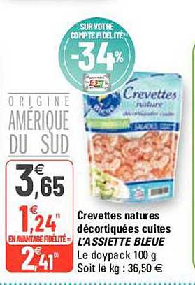 crevettes natures décortiquées cuites l'assiette bleue